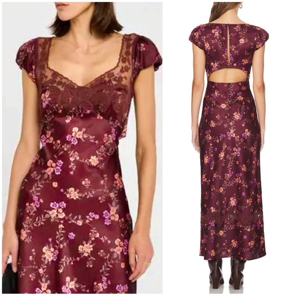 Free People Burgundy Floral Backless Satin Slip Dress - Picture 6 of 16